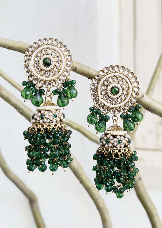 Green Kundan Jhumka Earrings